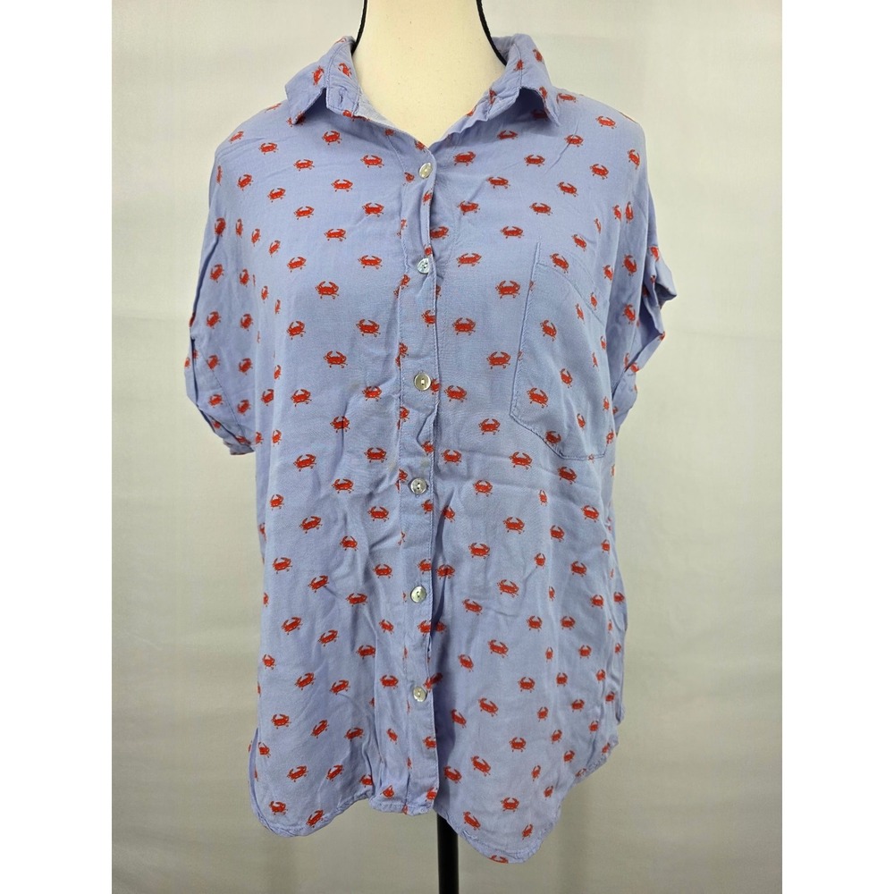 4our Dreamers Blue Red Crab Print Short Sleeve Button Down Shirt Large
